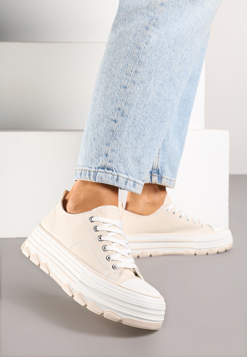 Beżowe Trampki na Platformie z Paskami i Niską Cholewką Zienelle