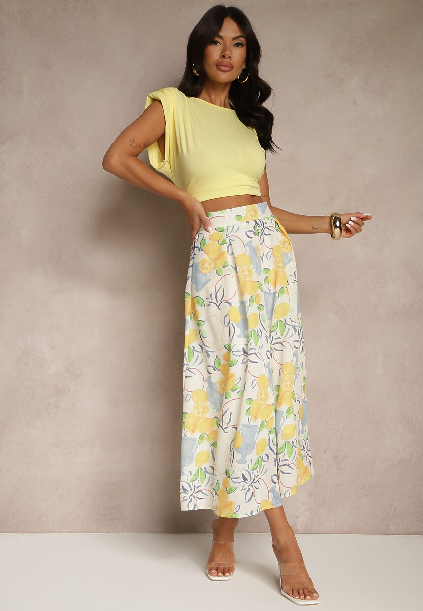 Beżowa Rozkloszowana Spódnica Bawełniana Ozdobiona Printem w Cytrynki Ralzema