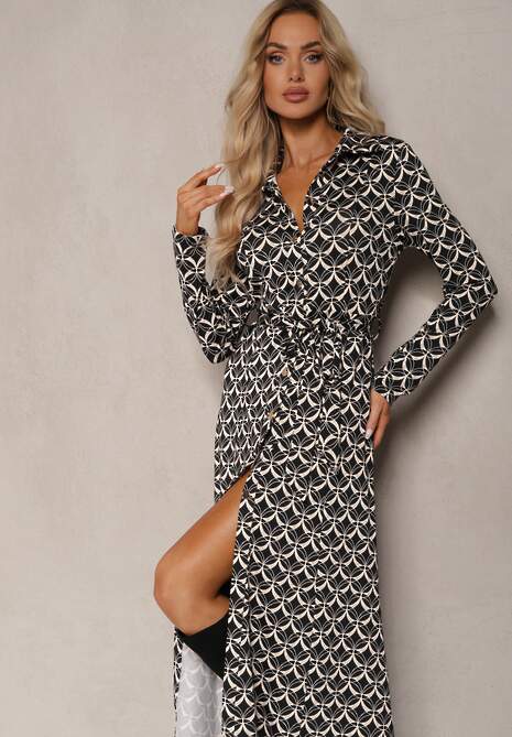 Czarno-Biała Koszulowa Sukienka Midi Ozdobiona Geometrycznym Wzorem i Wiązanym Paskiem Aripel