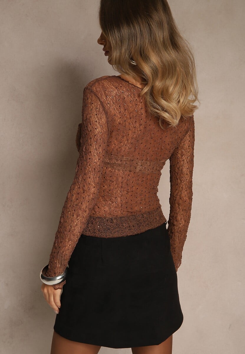 Brązowa Bluzka Lonsgleeve z Koronki Zdobiona Cyrkoniami Isoneva