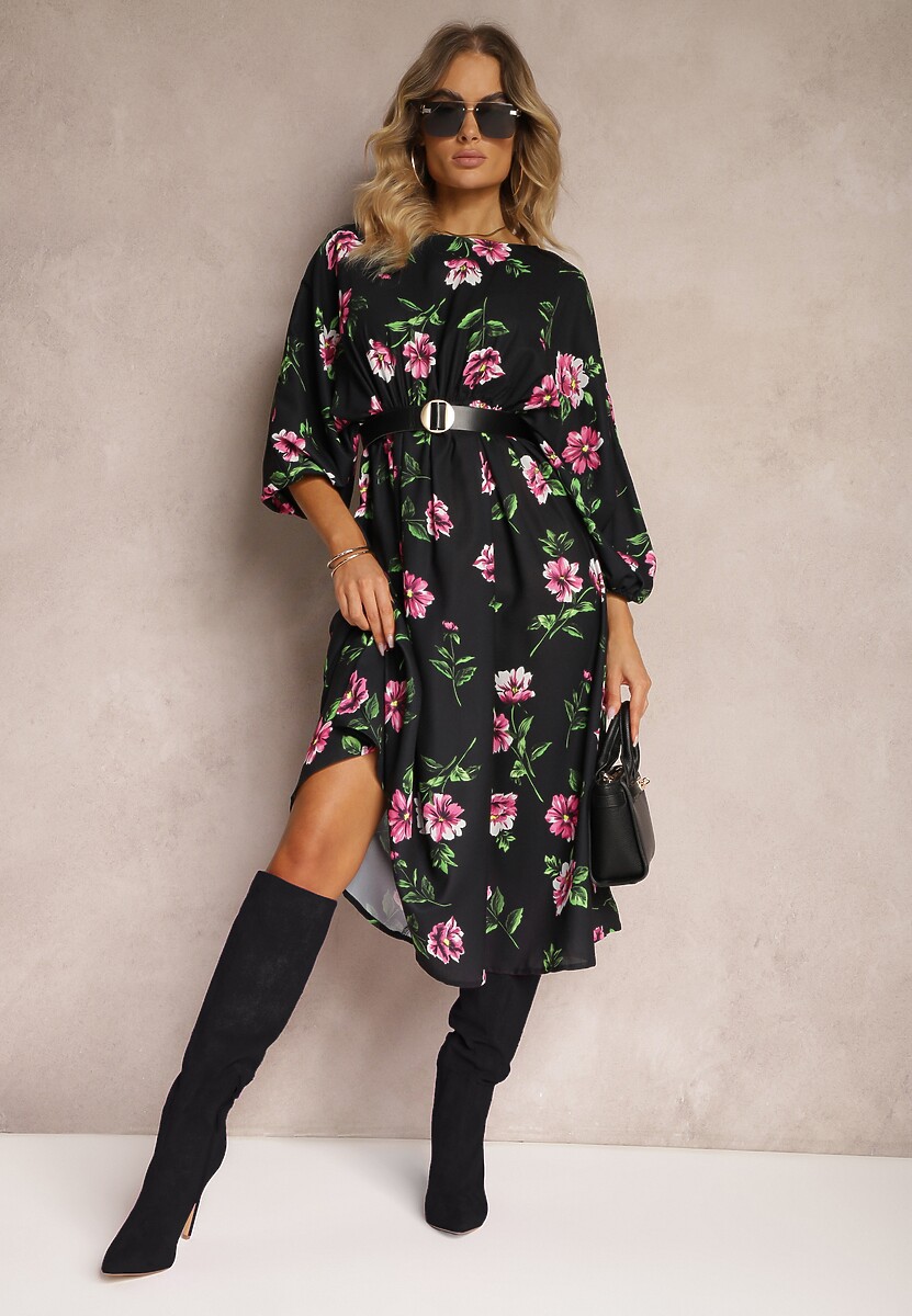 Czarno-Różowa Midi Sukienka w Kwiaty o Rozkloszowanym Kroju z Rękawami Nietoperz Jervia