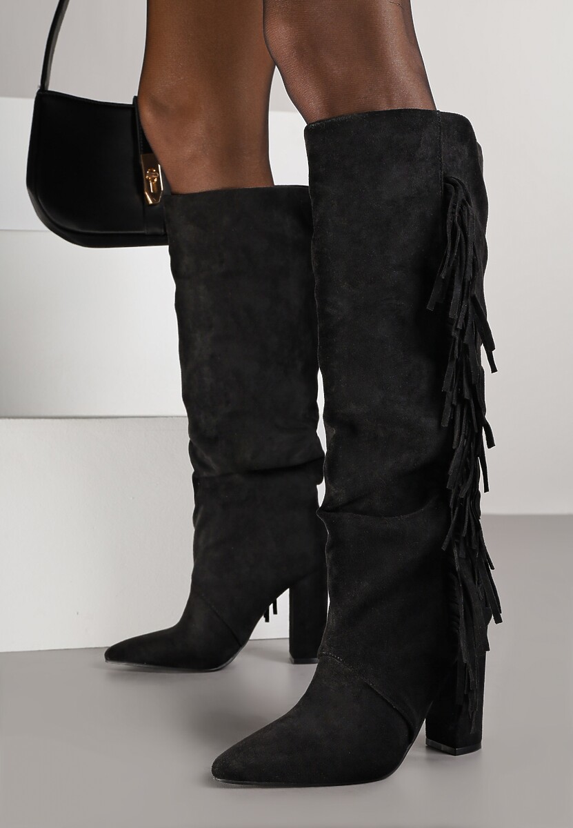 Czarne Kozaki Kowbojki na Słupku z Frędzlami na Cholewce Badina