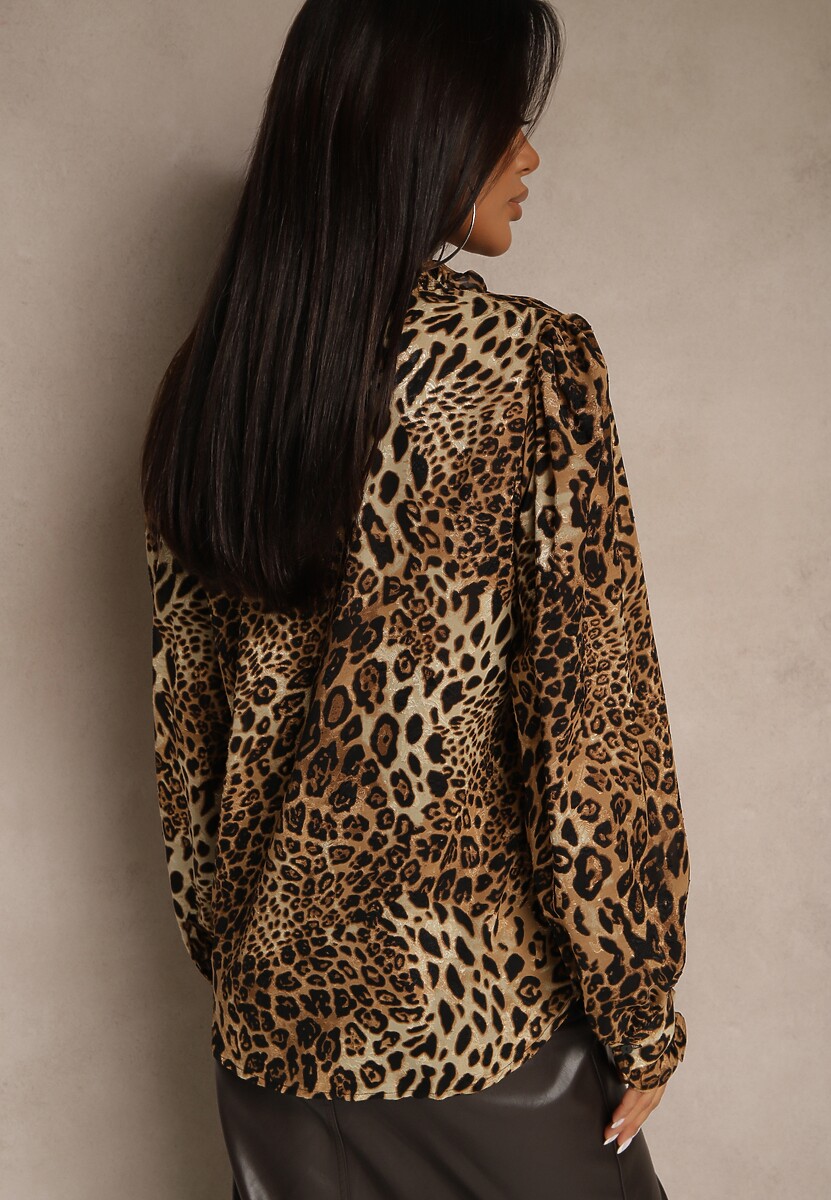 Brązowa Panterkowa Koszula z Falbankami przy Dekolcie i Mankietach Estalia