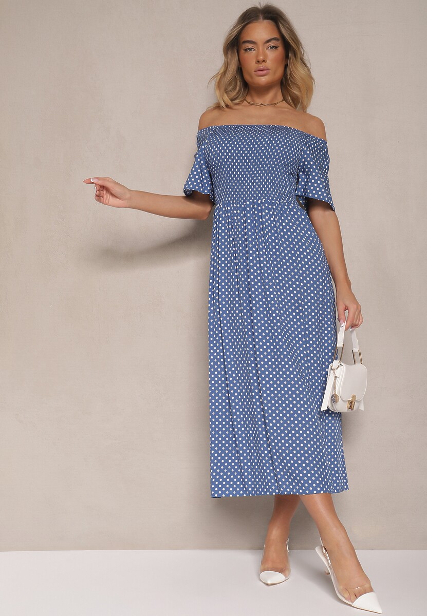 Niebieska Bawełniana Sukienka o Rozkloszowanym Kroju Zdobiona Printem w Groszki Lisanovia