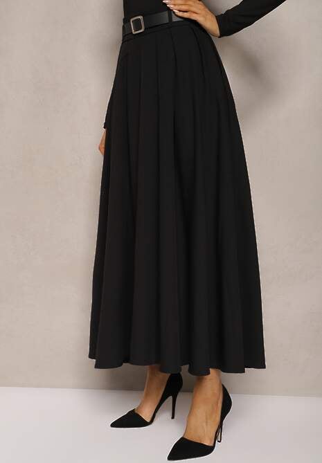 Czarna Rozkloszowana Spódnica z Szerokimi Plisami i Paskiem z Ekoskóry Awhisa