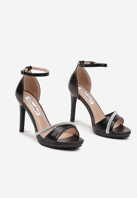 Czarne Sandały na Szpilce z Noskiem Typu Peep Toe Zdobione Cyrkoniami Bortia