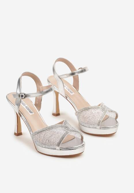 Srebrne Sandały na Szpilce Ozdobione Motywem Cyrkonii i Koronki Fodinna