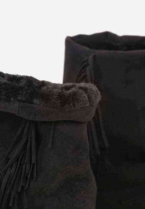Czarne Botki Śniegowce z Wywiniętą Cholewką Zdobioną Frędzlami Sewela