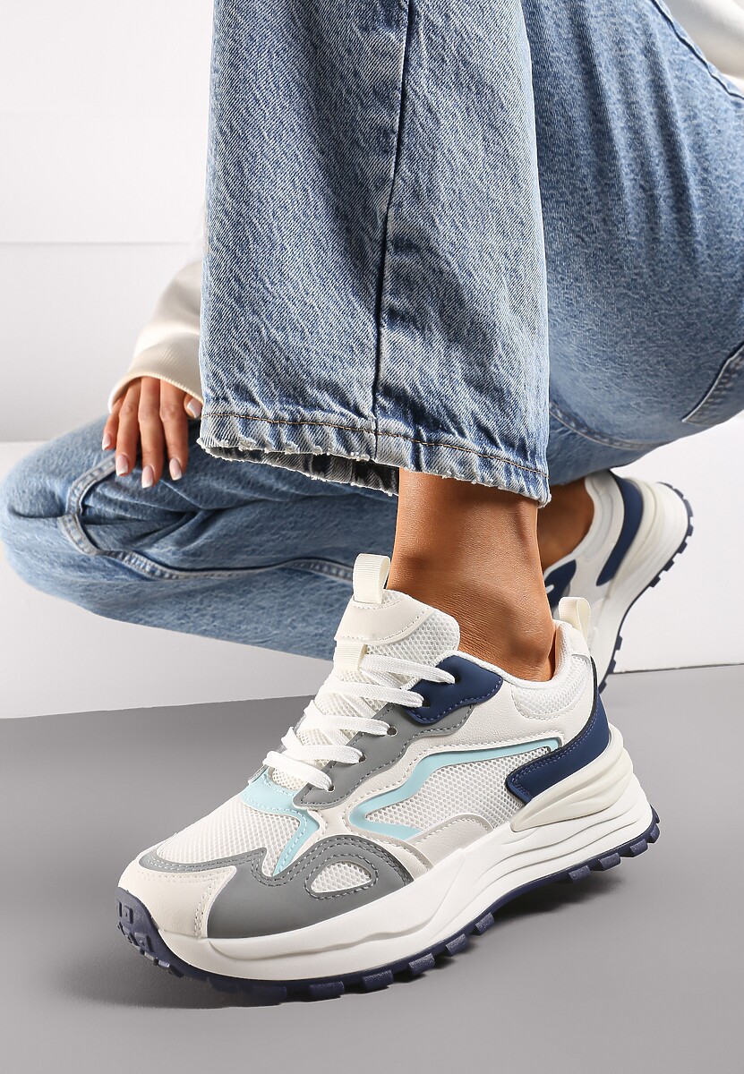 Beżowo-Granatowe Sneakersy na Niskiej Platformie z Siateczką z Ozdobnymi Wstawkami Lelphine