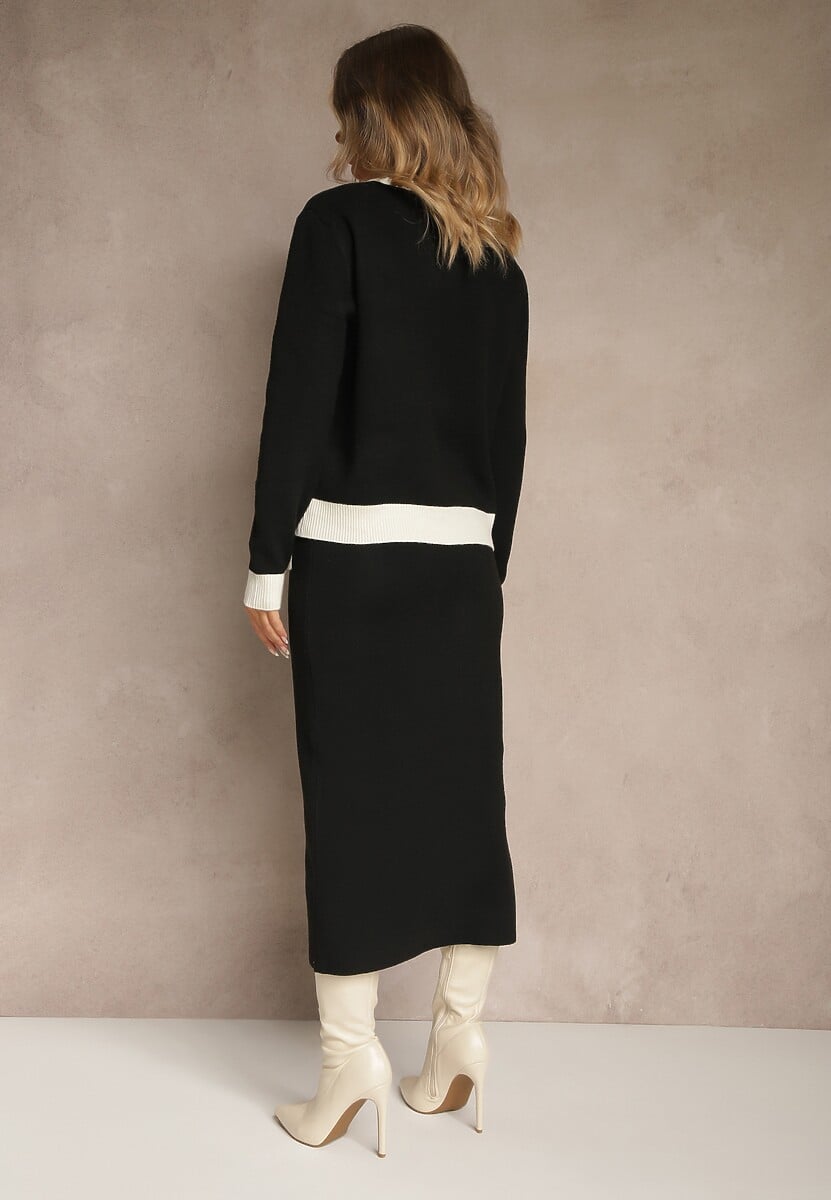 Czarno-Biały Sweterkowy Komplet z Dzianiny z Bawełną Kardigan i Spódnica Derrive