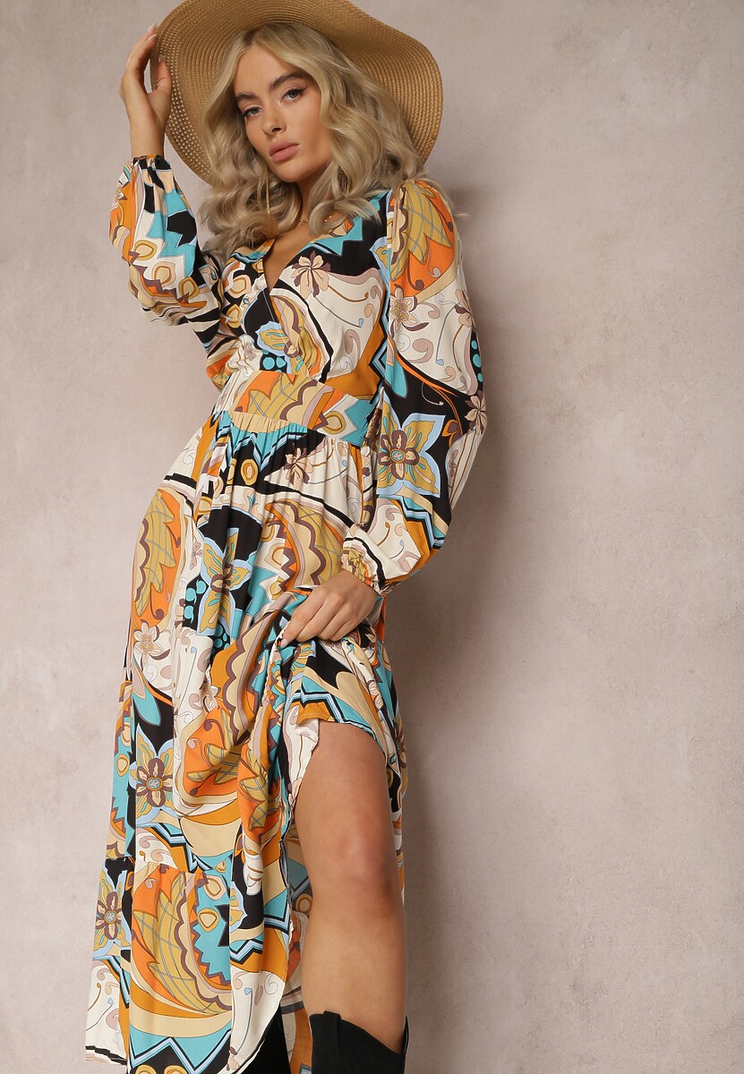 Beżowa Kopertowa Sukienka Maxi w Fantazyjny Nadruk Leanda