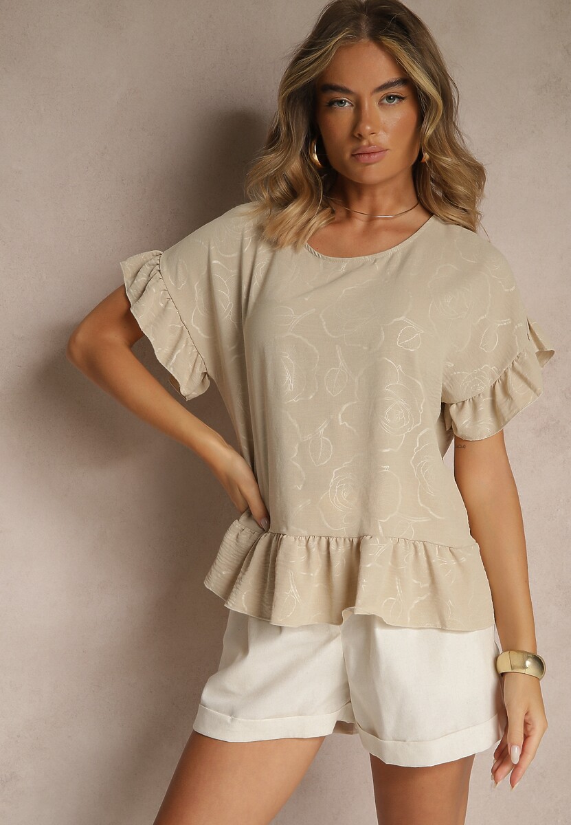 Beżowa Bluzka Oversize Ozdobiona Falbanami Liriele