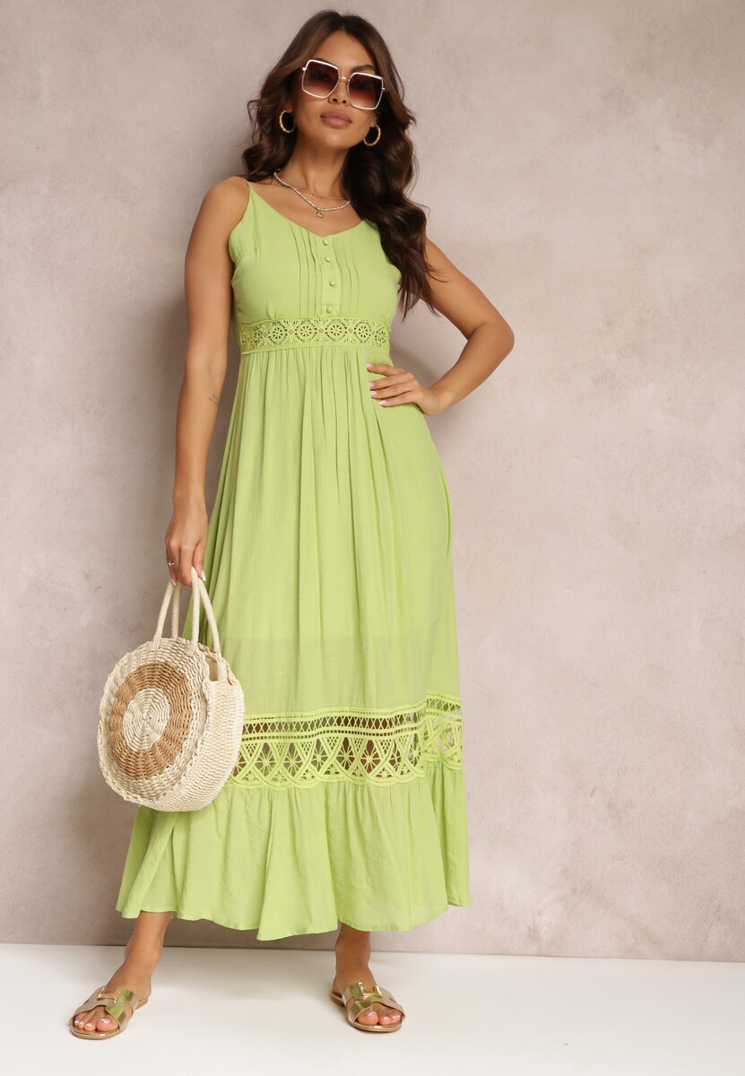 Czarna Rozkloszowana Sukienka Maxi z Falbanką i Koronką Luluma