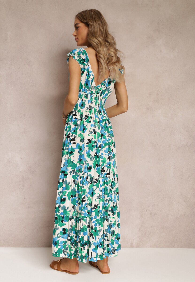 Zielona Kopertowa Sukienka Maxi w Kwiaty z Gumką w Pasie z Wiskozy Marielys