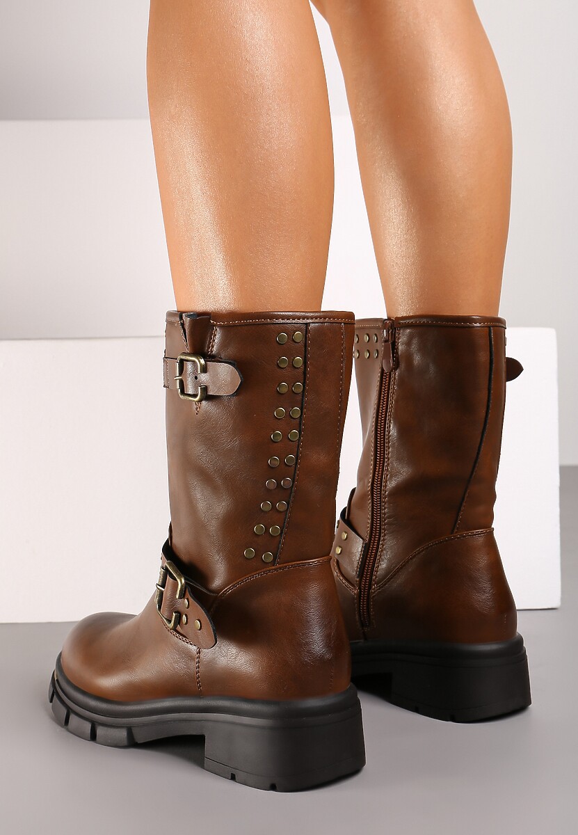 Brązowe Motocyklowe Botki Ozdobione Nitami i Klamrami przy Cholewce Ezirra