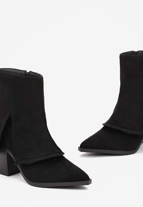 Czarne Botki na Słupku z Wywiniętą Cholewką Kriese