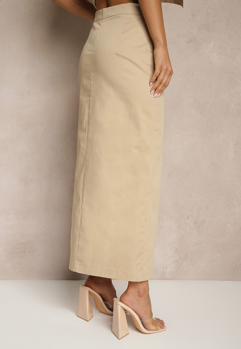 Beżowa Ołówkowa Spódnica z Bawełny High Waist z Rozcięciem z Przodu Aliselle