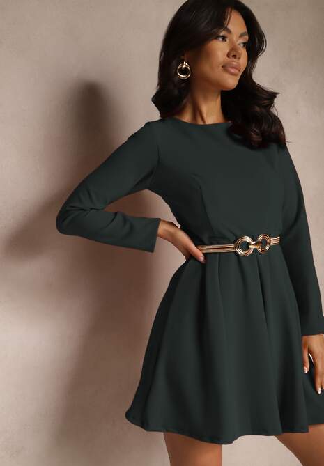 Ciemnozielona Rozkloszowana Sukienka o Klasycznym Kroju Temiriela