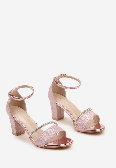 Różowe Sandały na Słupku Ozdobione Cyrkoniami i Brokatem Zapinane na Sprzączkę Wejkis