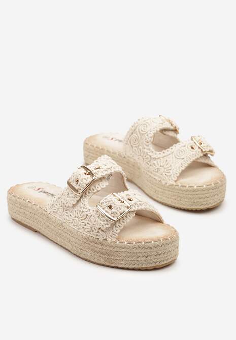 Beżowe Klapki na Podeszwie z Plecionki z Szydełkową Cholewką ze Sprzączkami Fevilene