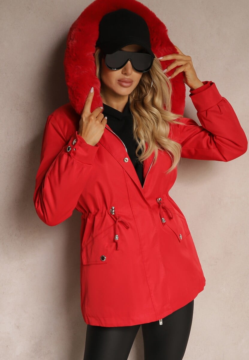 Granatowa Kurtka Typu Parka z Kapturem i Futerkiem z Możliwością Odpięcia Marindria