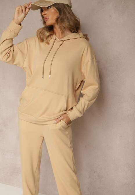 Ciemnobeżowy Komplet Dresowy Spodnie i Bluza z Kapturem i Kangurową Kieszenią Lotilea