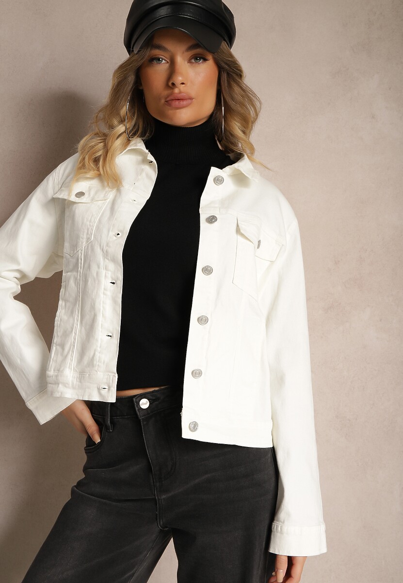 Biała Jeansowa Kurtka z Bawełny z Guzikami i Kieszeniami Ainztia