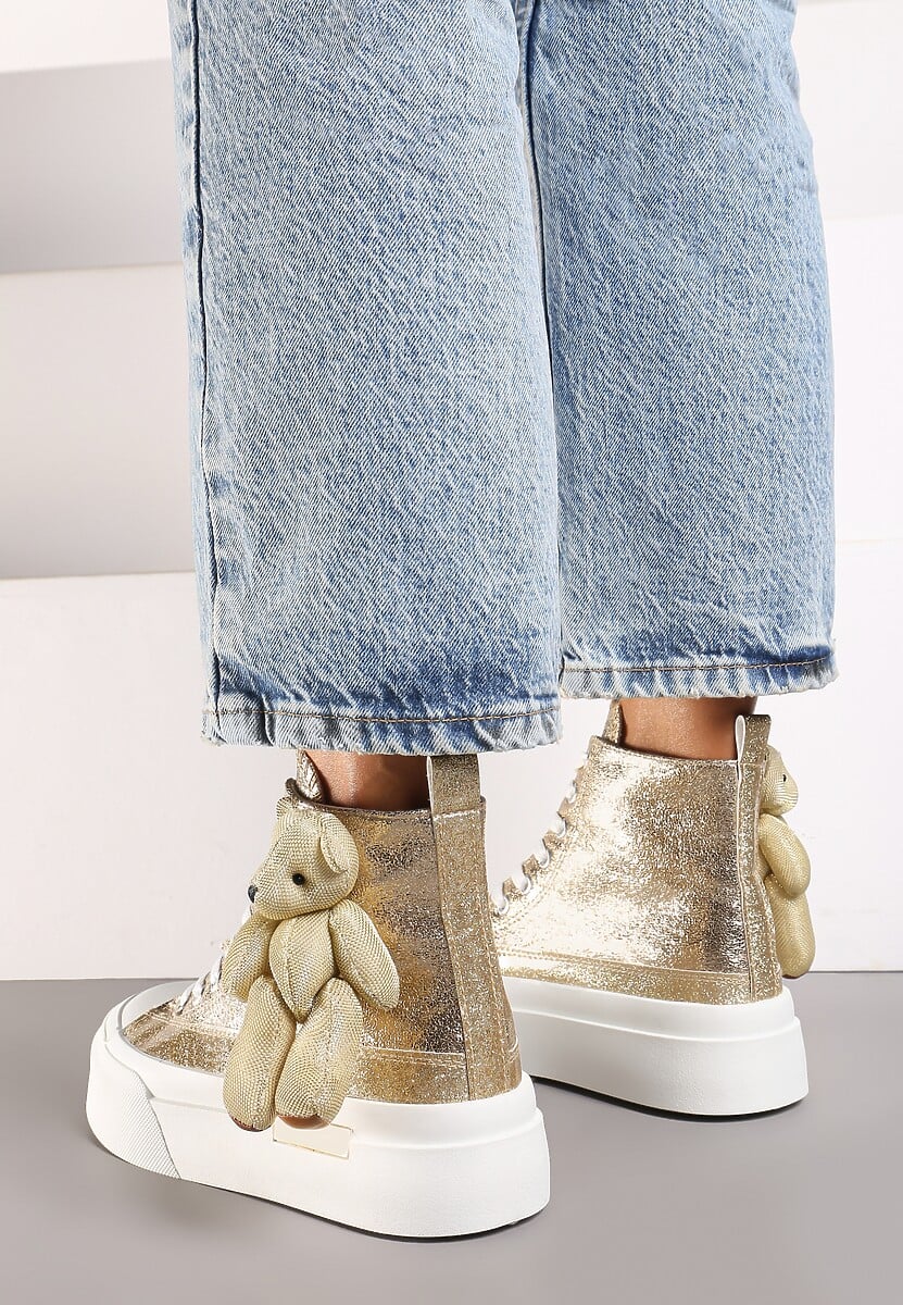 Złote Metaliczne Trampki za Kostkę na Grubej Podeszwie z Aplikacją w Kształcie Misia Ivarina