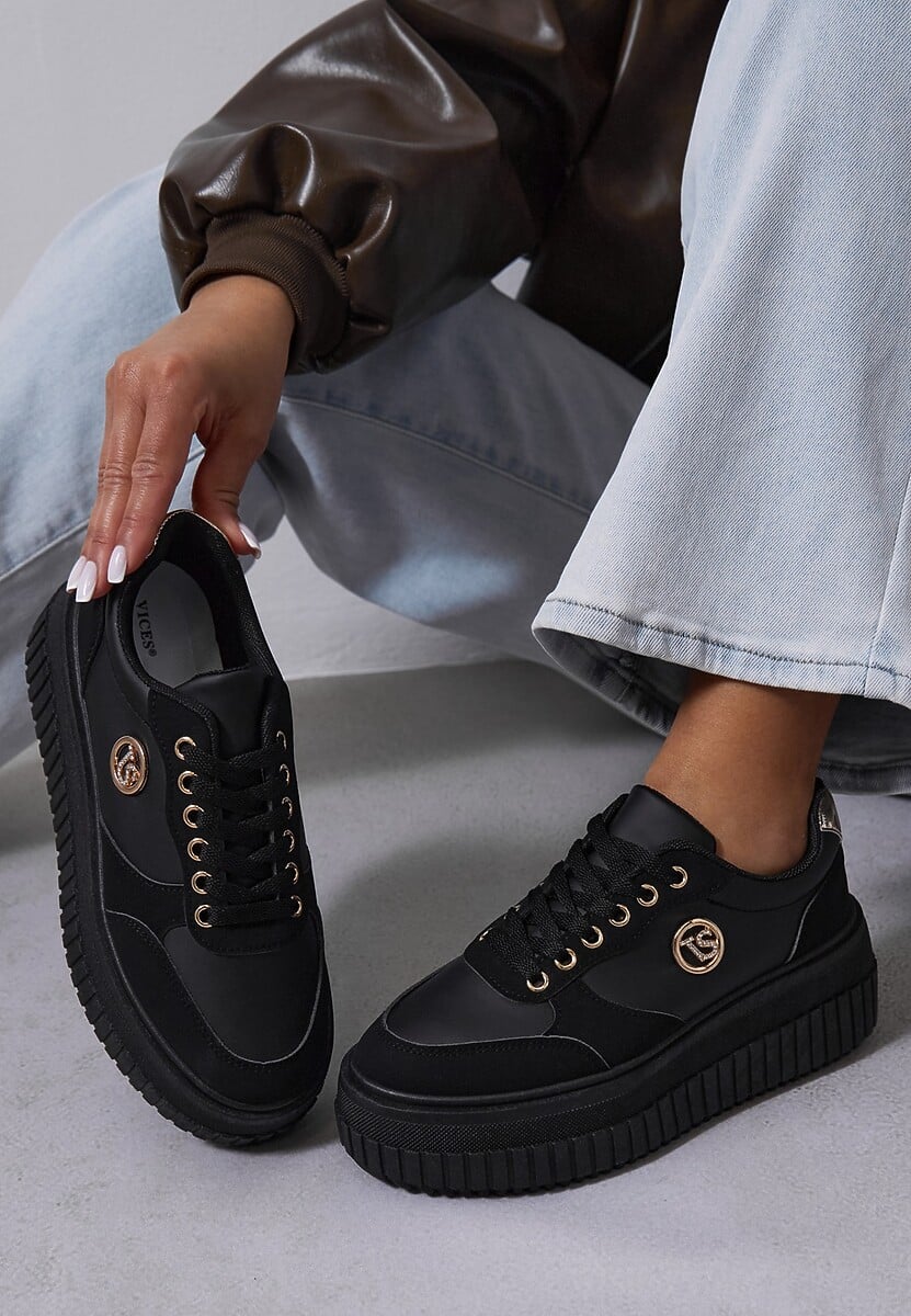 Beżowe Sneakersy Vices na Platformie z Tłoczeniem Ozdobione Metaliczną Aplikacją Eriri