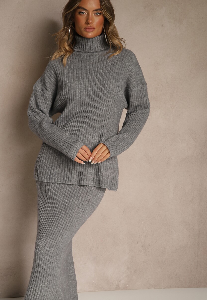 Szary Komplet z Dzianiny z Wełną w Prążki Golf i Ołówkowa Spódnica Falirea