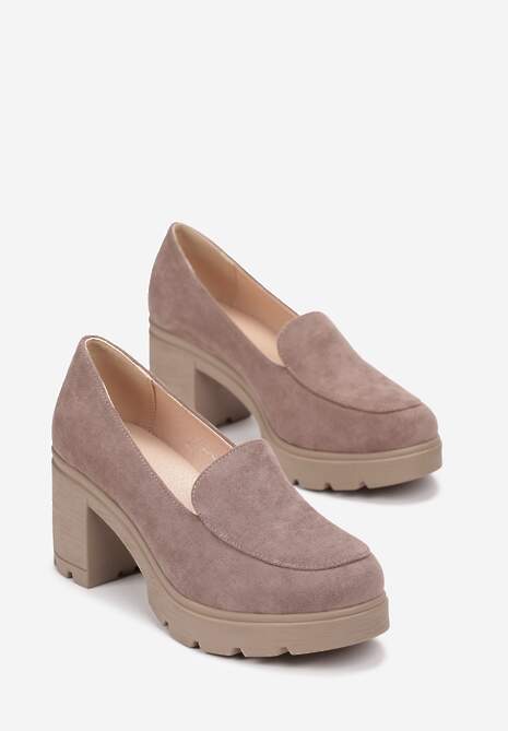 Ciemnobeżowe Półbuty na Obcasie z Niską Platformą i Skórzaną Wkładką Neona