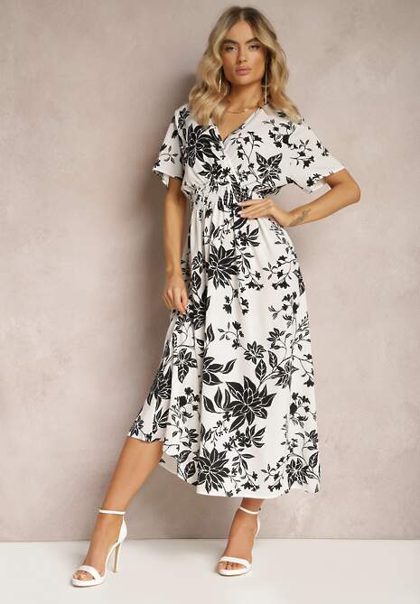 Biało-Czarna Rozkloszowana Sukienka Kopertowa z Kwiatowym Wzorem Mareal