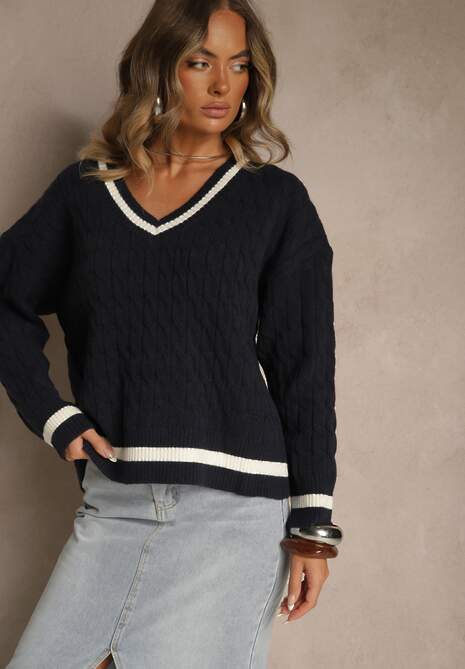 Granatowy Sweter w Stylu Preppy z Dodatkiem Kaszmiru i Warkoczowym Splotem Belmire