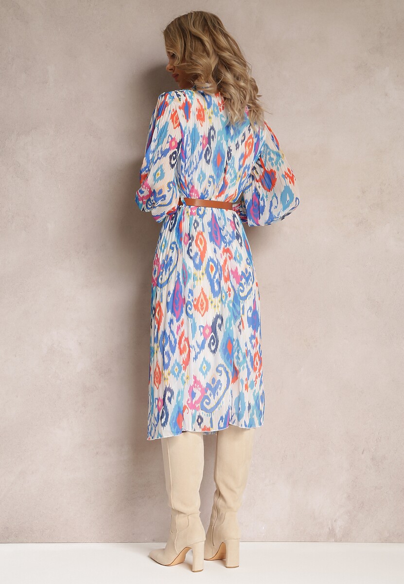 Niebieska Rozkloszowana Sukienka z Plisowaniem i Paskiem Thelosine