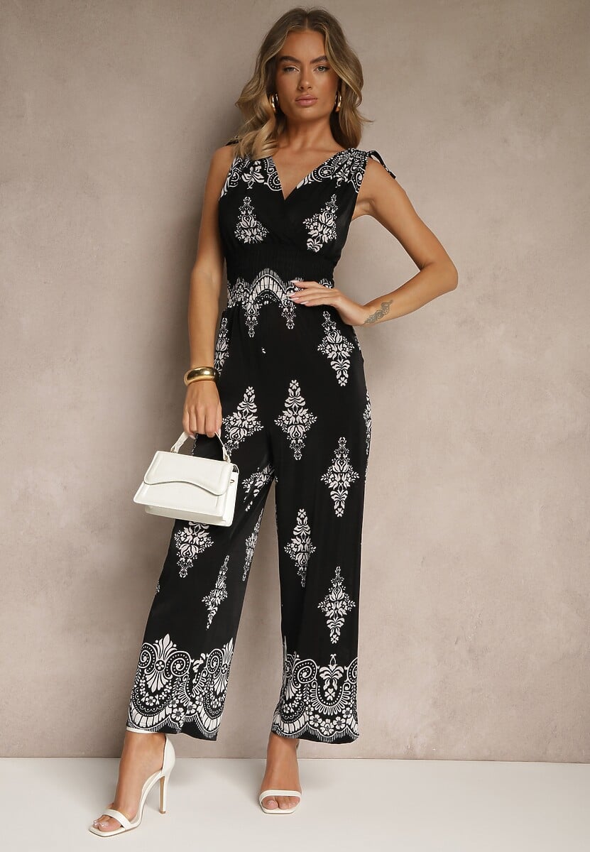 Czarny Kombinezon z Dekoltem w Kształcie Litery V Zdobiony Etnicznym Printem Izlina