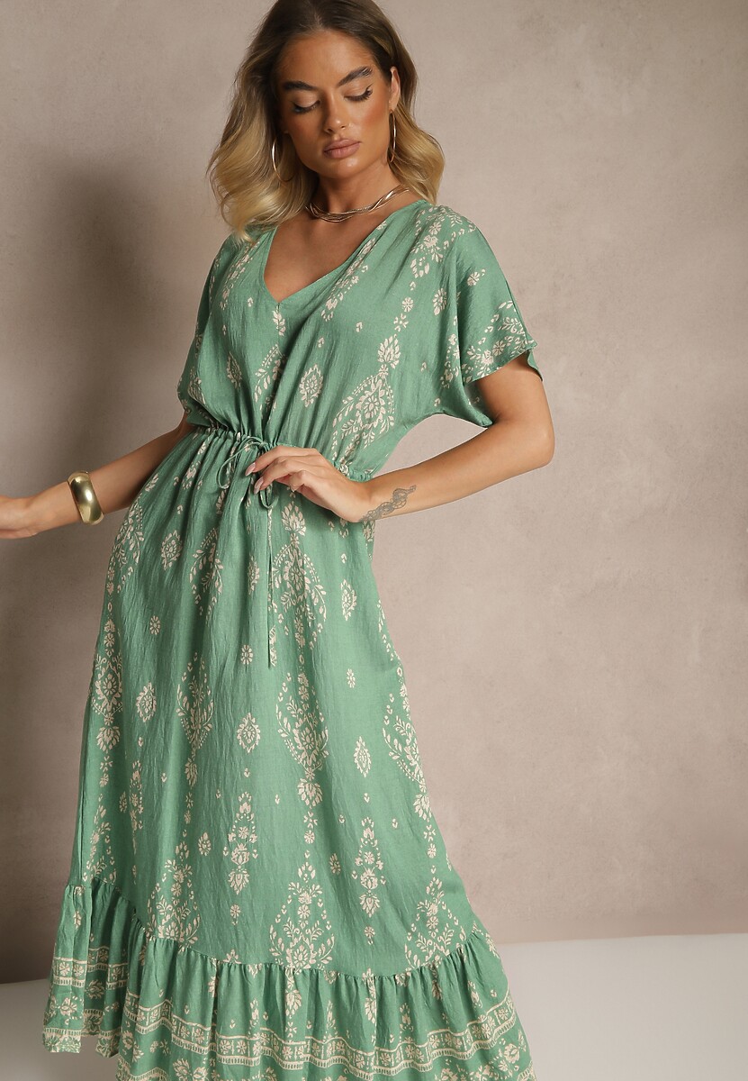 Zielona Rozkloszowana Sukienka z Falbanką w Print Boho z Wiskozą Tunova