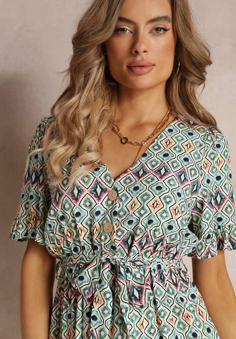 Zielona Sukienka Mini z Gumką w Pasie i Falbanką z Wiskozy Ellison