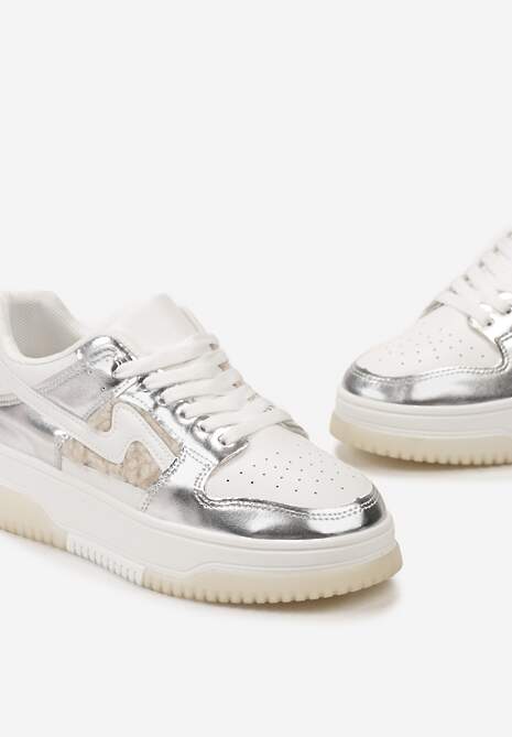 Biało-Srebrne Sneakersy na Grubej Podeszwie z Futerkiem Malvira