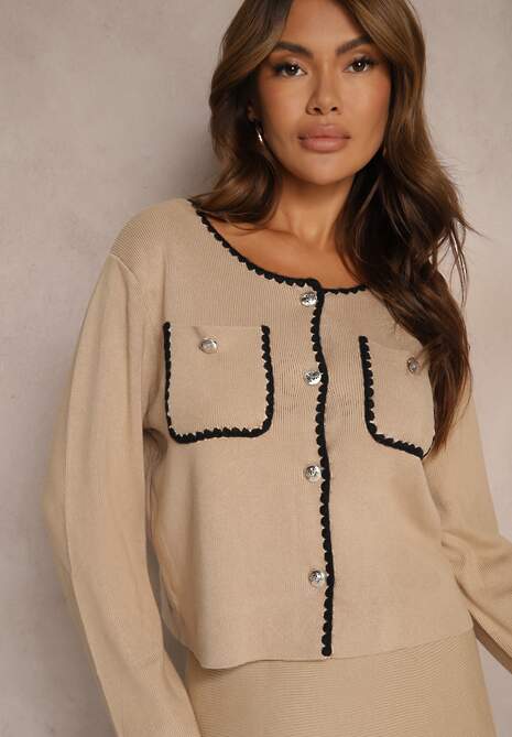 Beżowy Wiskozowy Komplet Rozkloszowana Spódnica z Gumką w Pasie i Rozpinany Kardigan Veriiana