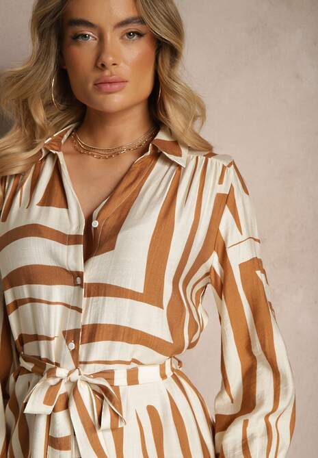 Beżowa Sukienka z Wiskozą o Koszulowym Kroju w Geometryczny Print Ninatria