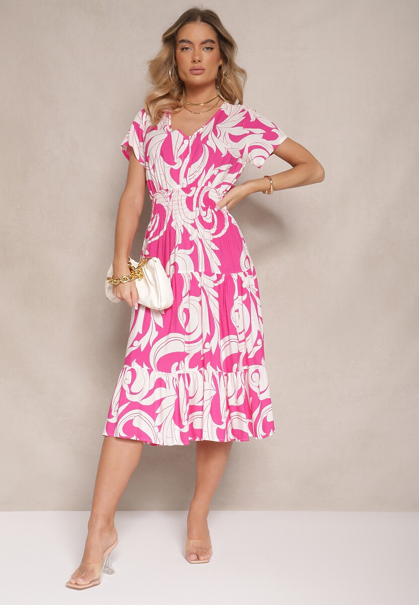 Różowa Bawełniana Sukienka z Abstrakcyjnym Motywem i Guzikami Talivea