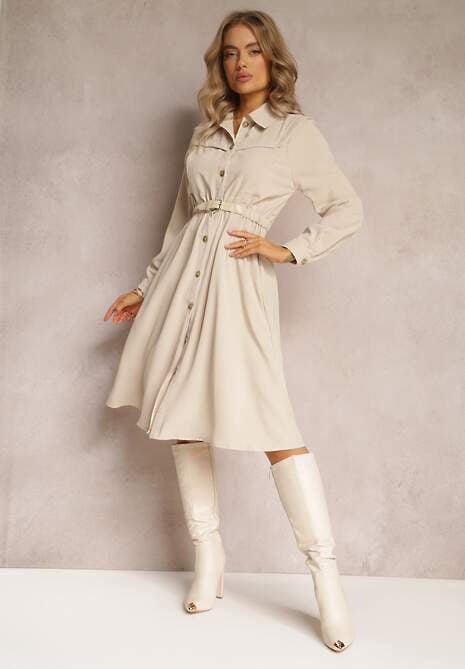 Beżowa Koszulowa Sukienka z Gumką w Talii i Paskiem z Klamerką Jenele