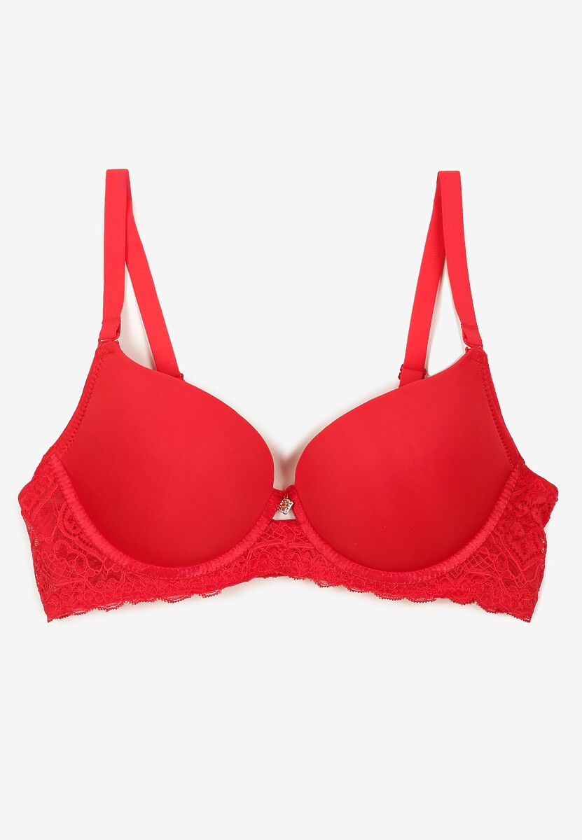 Czerwony Biustonosz Full Cup z Efektem Push-Up Zdobiony Koronką Militi