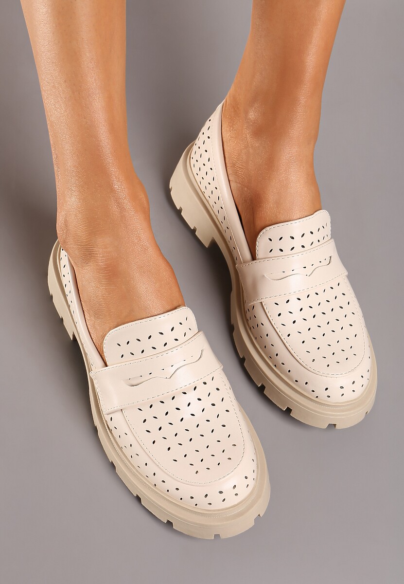 Beżowe Płaskie Mokasyny z Ekoskóry o Ażurowym Wykończeniu Cevora