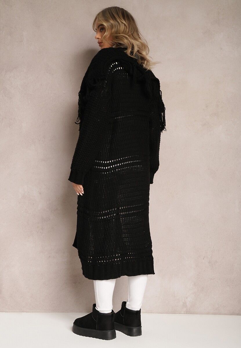 Czarny Niezapinany Kardigan o Długim Kroju z Frędzlami Finantia