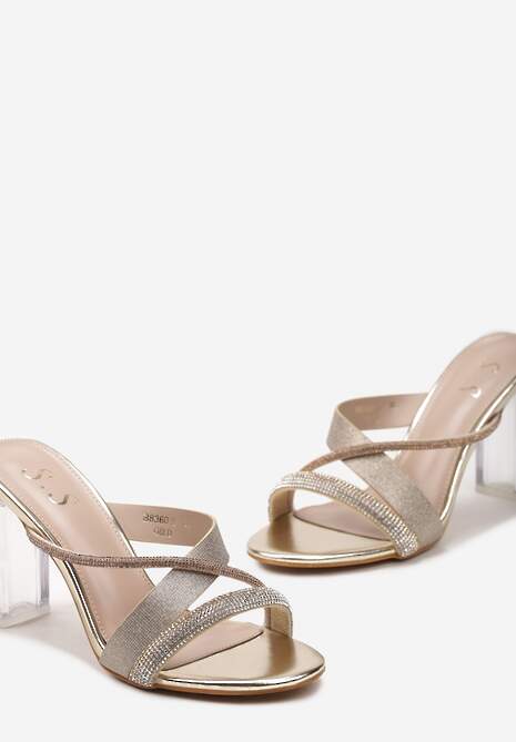 Złote Klapki Ozdobione Brokatem i Cyrkoniami z Przezroczystym Obcasem Kavinia