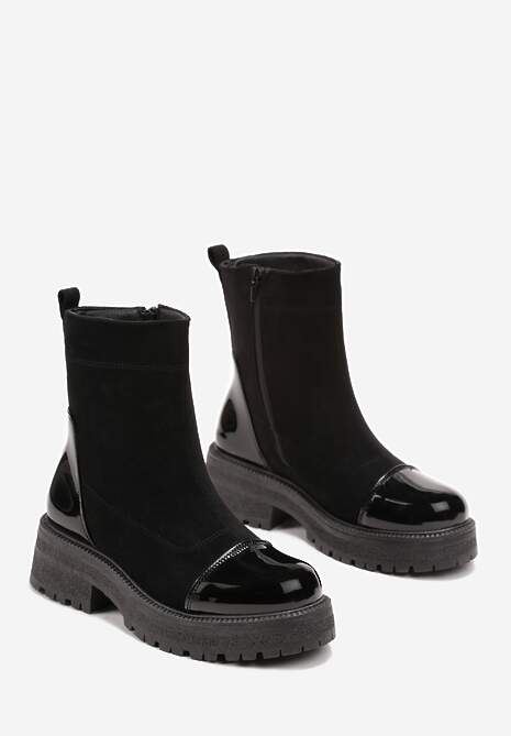 Czarne Botki na Grubej Podeszwie z Lakierowanymi Wstawkami Triestia