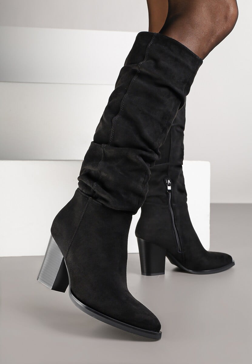 Czarne Kozaki z Ekozamszu na Obcasie Typu Słupek z Marszczeniem przy Cholewce Railaria