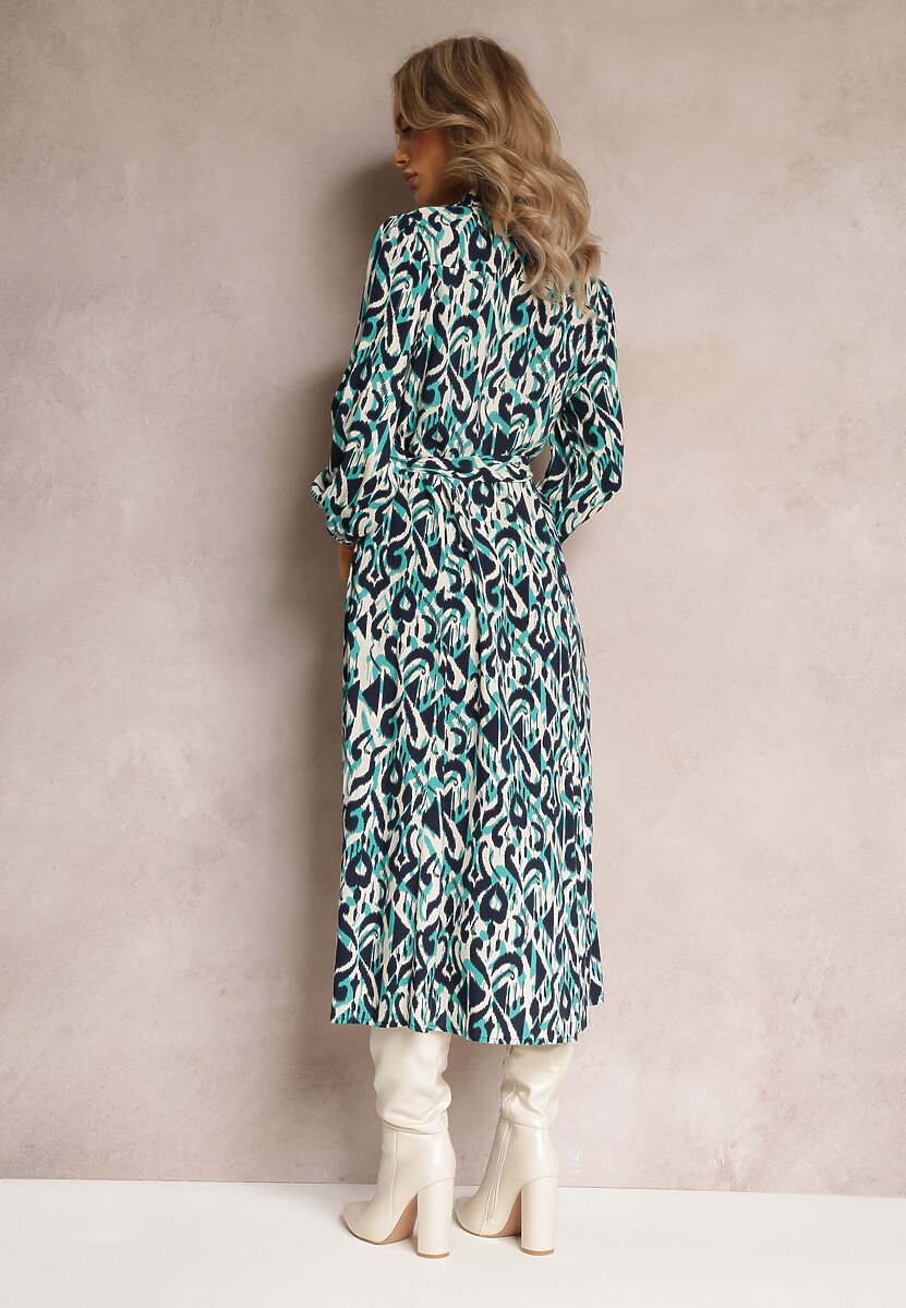 Niebieska Sukienka Koszulowa w Geometryczny Wzór Gena