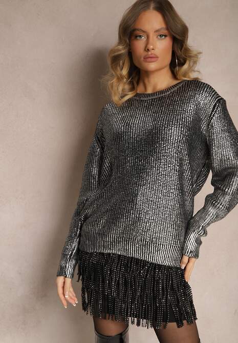 Czarno-Srebrny Klasyczny Sweter o Pudełkowym Kroju Ozdobiony Metalicznym Połyskiem Evaniae